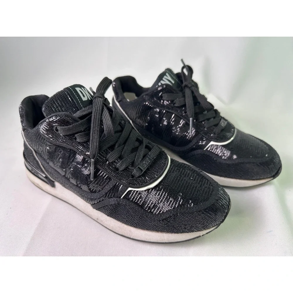 DKNY Women's Size 7.5 M Black Sequin Lace Up Sneakers Fashion Sparkle Athleisure